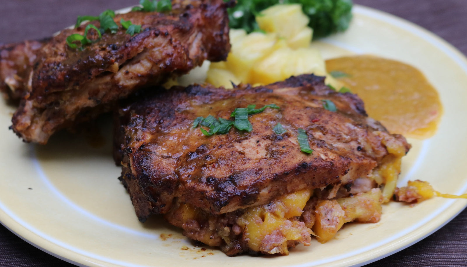 Pineapple-Mango Stuffed Pork Chops smoked on Pit Barrel Cooker