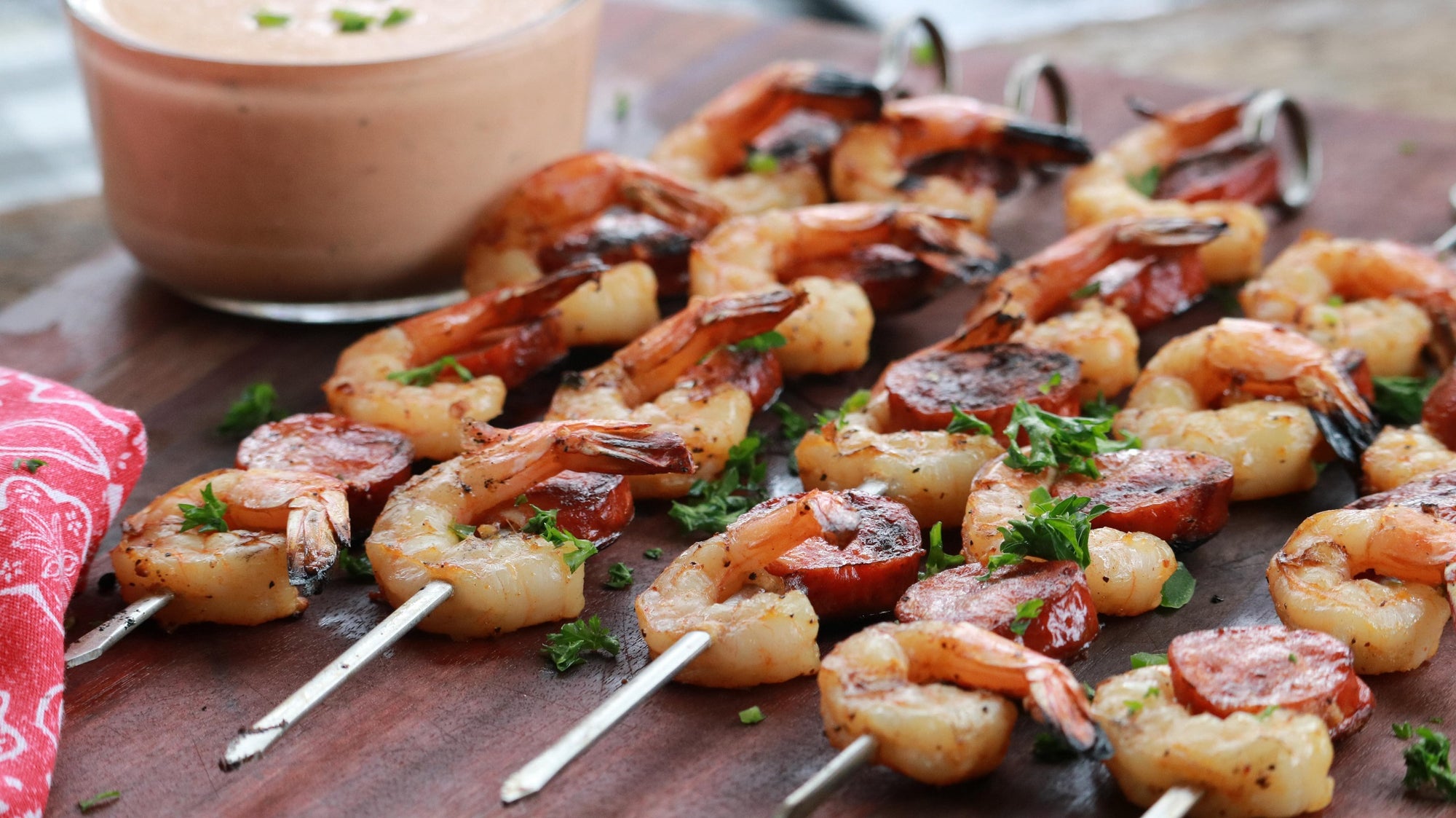 Cajun Shrimp and Andouille Sausage Skewers with Mississippi Comeback Sauce