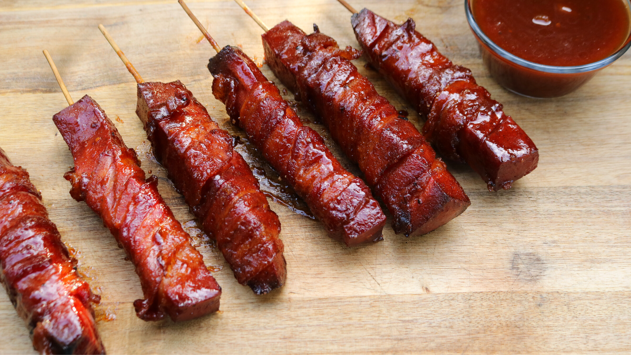 Bacon-Wrapped Candied Bologna Sticks