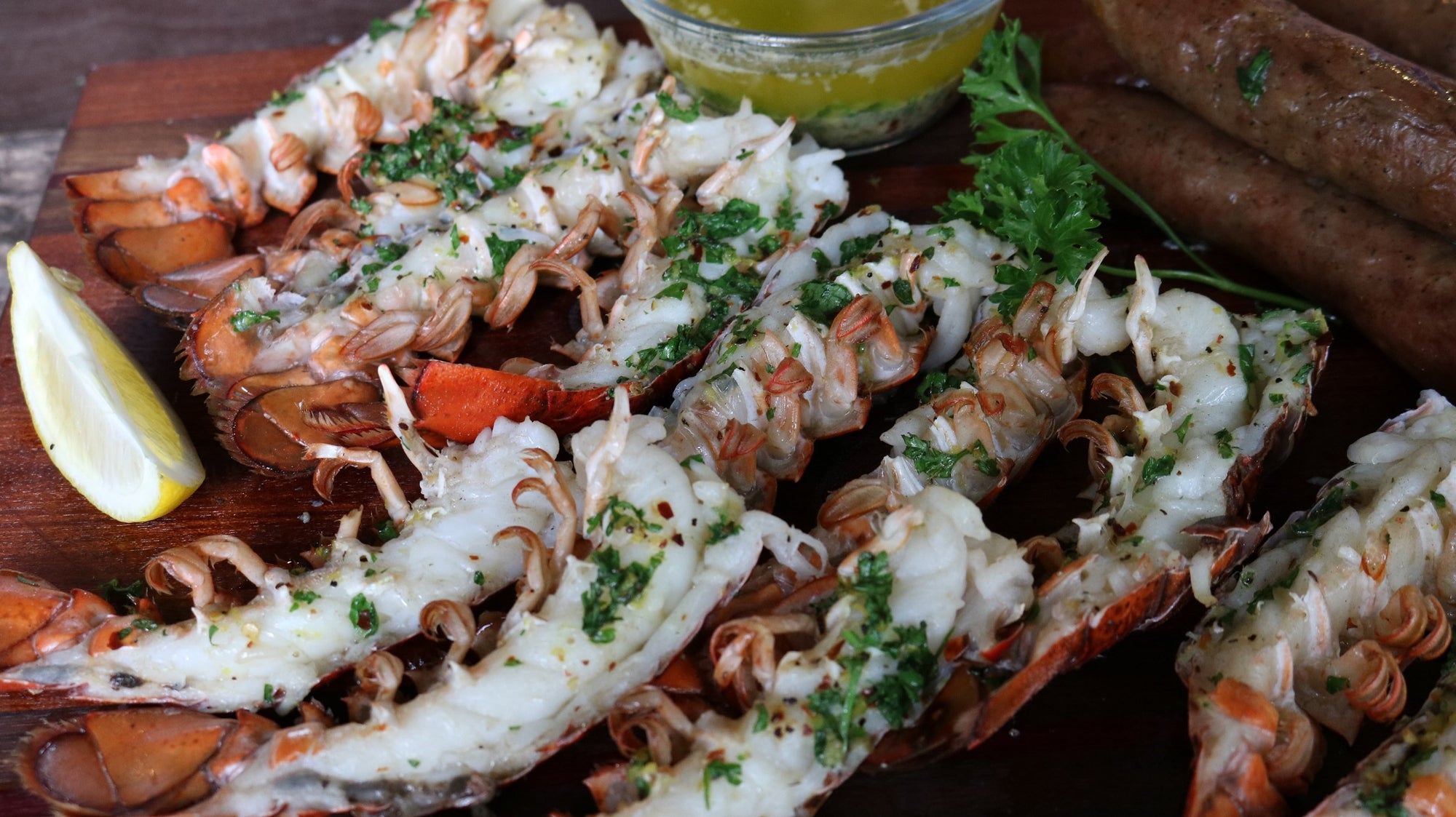 Grilled Lobster Tails with Garlic & Red Pepper Butter Sauce