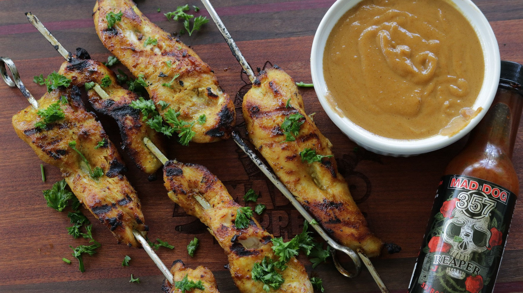 Sriracha Reaper Chicken Skewers with Spicy Peanut Dipping Sauce