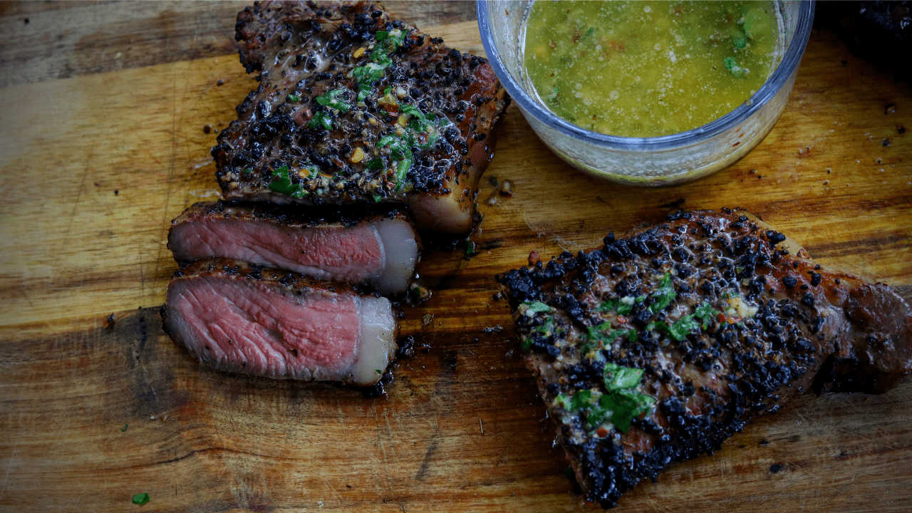 Smoked & Seared NY Strip Steaks with Cowboy Butter using the Grill Gun