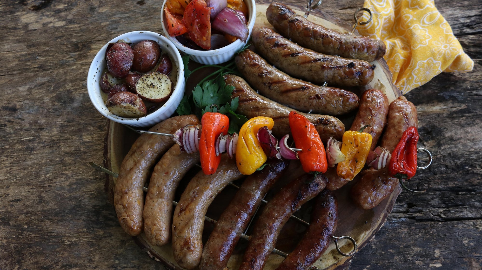 Grilled Sausage Mix with Peppers, Onions & Tomatoes